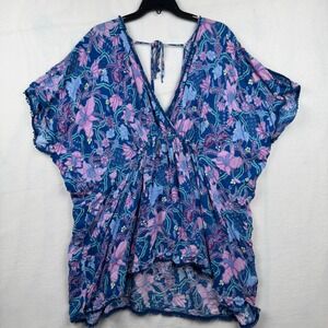 Victoria's Secret XL/TG Blue Floral Viscose V Neck Kaftan Cover Up Top‎